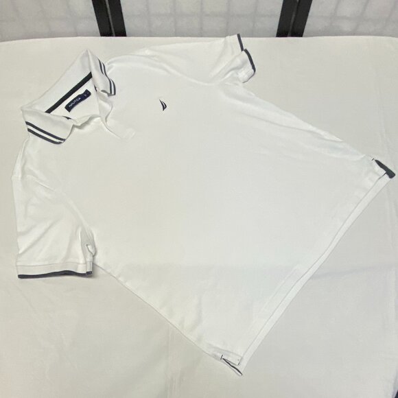 Nautica Short Sleeve Striped Band Collar Sleeve 2 Button Polo Shirt White Navy L - Picture 8 of 12